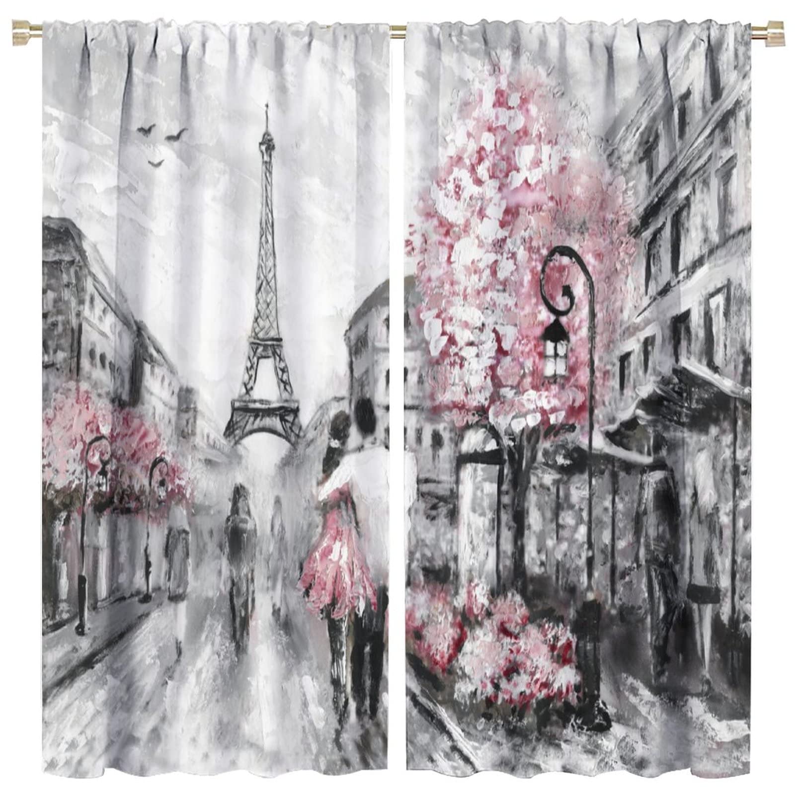 JESTRONRY European Cityscape Bedroom Curtains,Paris Oil Painting Eiffel Tower Romantic Valentine's Day Theme Rod Pocket Window Drapes 2 Panels for Bedroom Kitchen Cafe W52xL84in