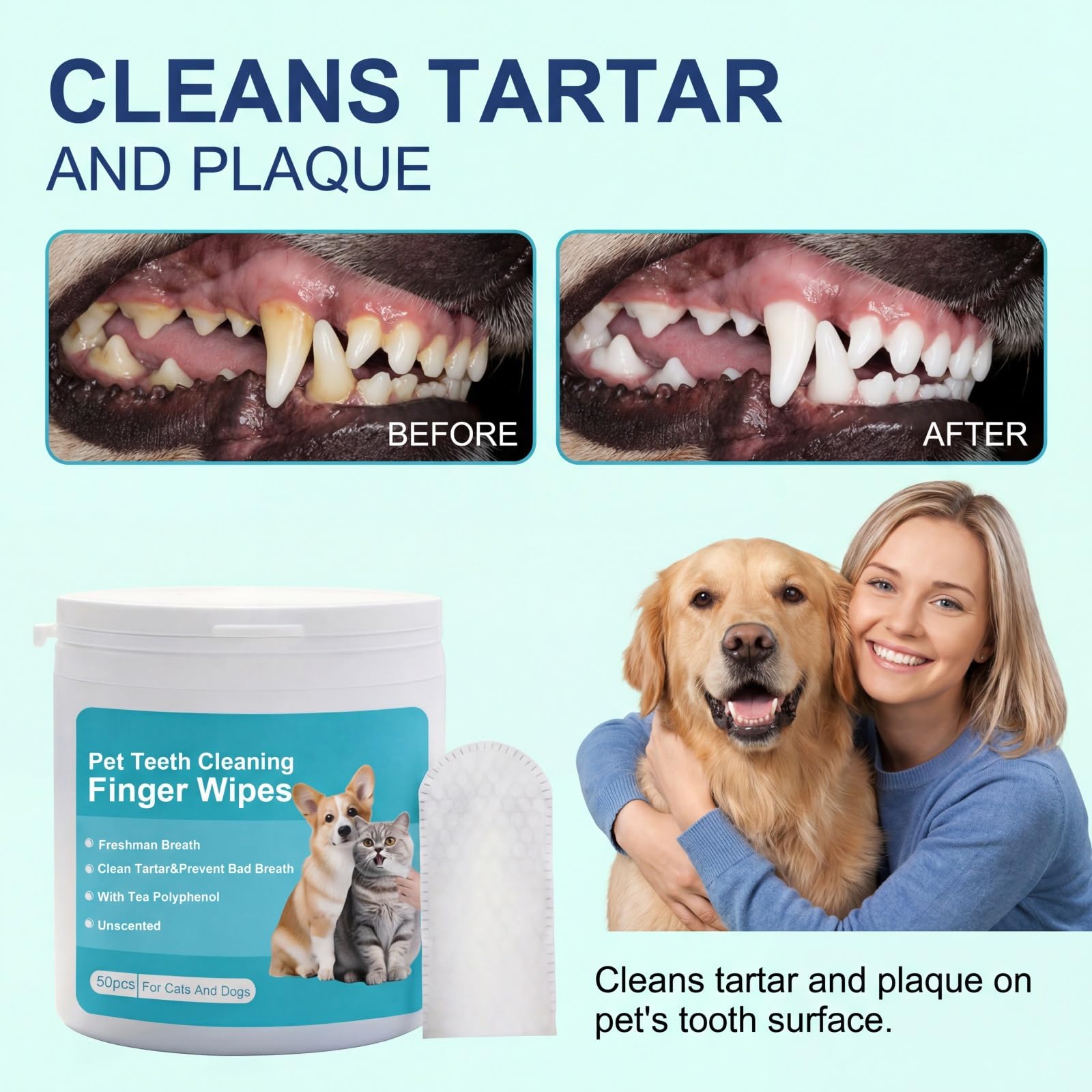 2026 New Natural Pet Dental Finger Wipes, Clean Teeth & Fresh Breath for Dogs & Cats, Dental Wipes, Natural Pet Oral Care, Plaque & Tartar Remover, Bad Breath Freshener (1cans+ear clean)