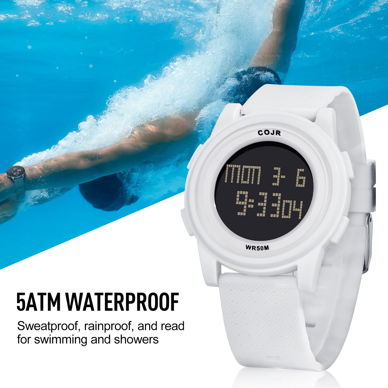 COJR Digital Watch, Ultra-Thin Minimalist Sports Watch 5ATM Waterproof with Stopwatch, Alarm, Countdown, Dual Time, LED, Date Wide-Angle Display Rubber Strap Wrist Watch for Men Women (White_B)
