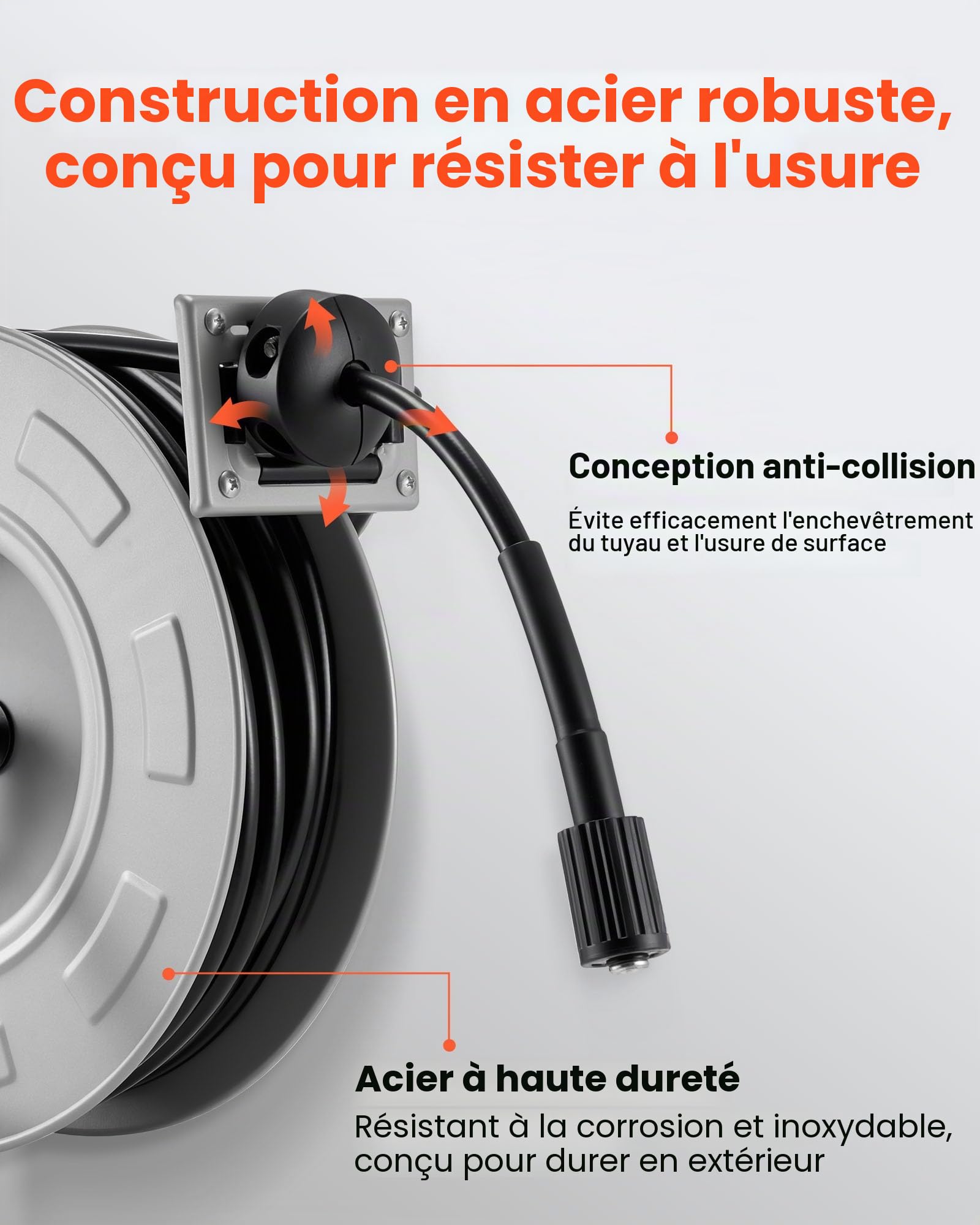 VEVOR Enrouleur de Tuyau pour Nettoyeur Haute Pression 19,8 m x 6,4 mm, Dévidoir Rétractable Acier, Montage sur Mur, Sol, Pression 220,6 bar, Enroulement Automatique pour Lavage Voiture, Sol, Jardin