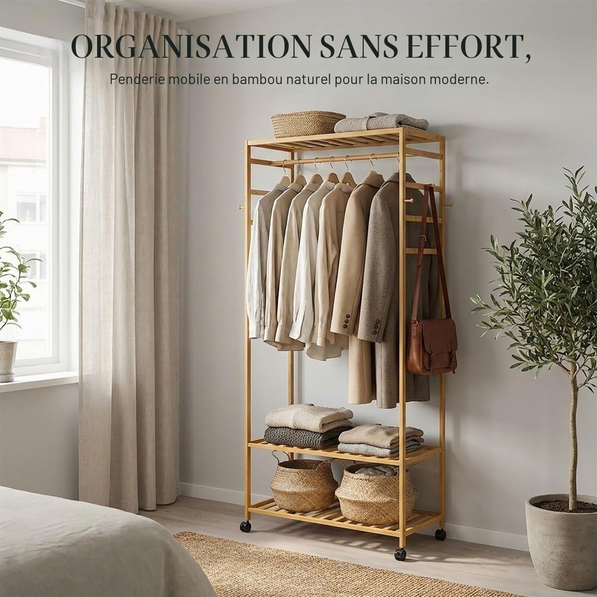 unho Porte Vêtements sur Pieds Roulant: Armoire Ouverte Penderie Bambou Porte Manteau et Chaussures avec 1 Barre et 4 Patères Idéal pour Maison Salon Chambre Entrée - 78x41x169cm