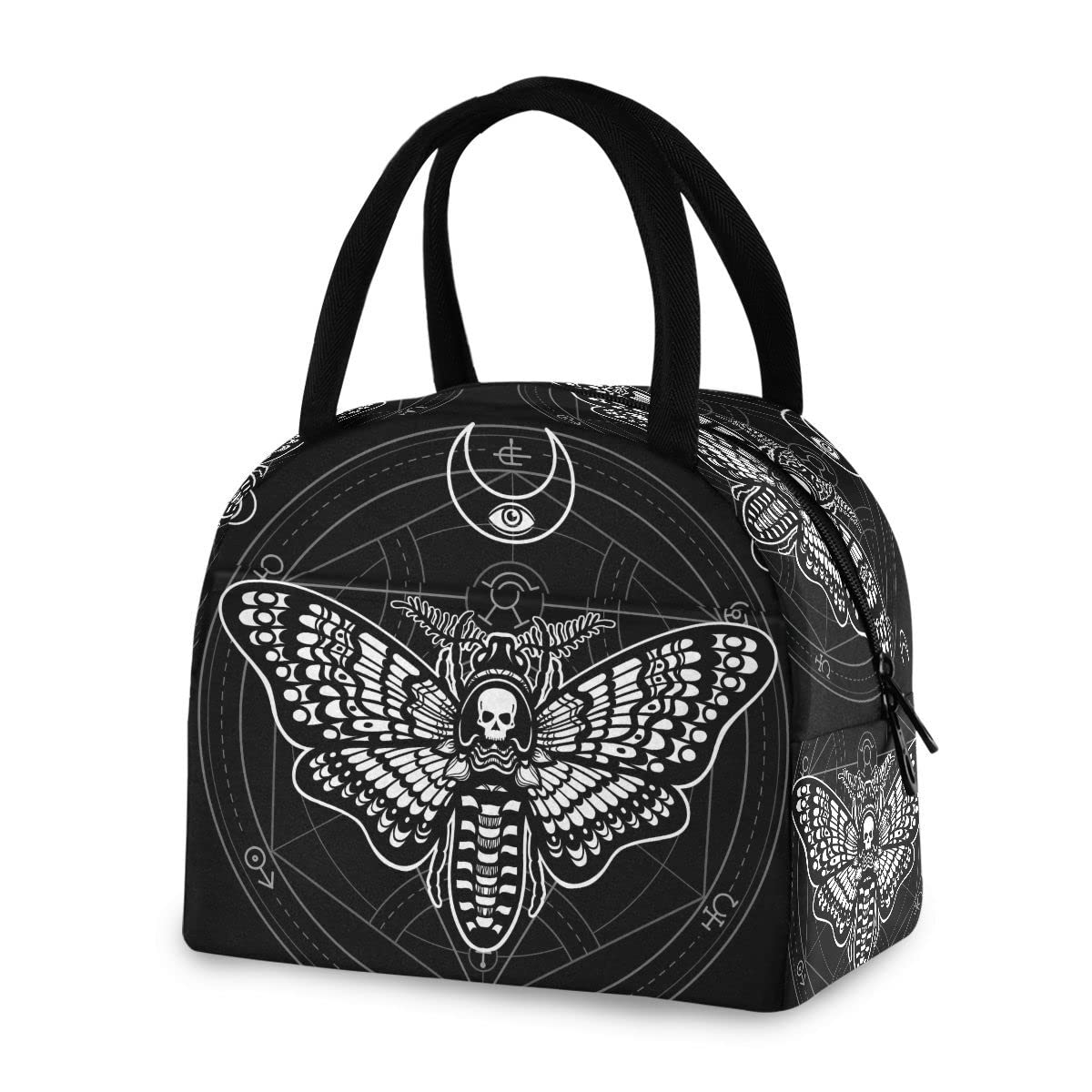 MNSRUU Lunch Bag Women Men, Black Skull Moth Portable Insulated Lunch Bag Reusable Thermal Meal Tote Cooler Bag Organizer for Adult Work with Handle