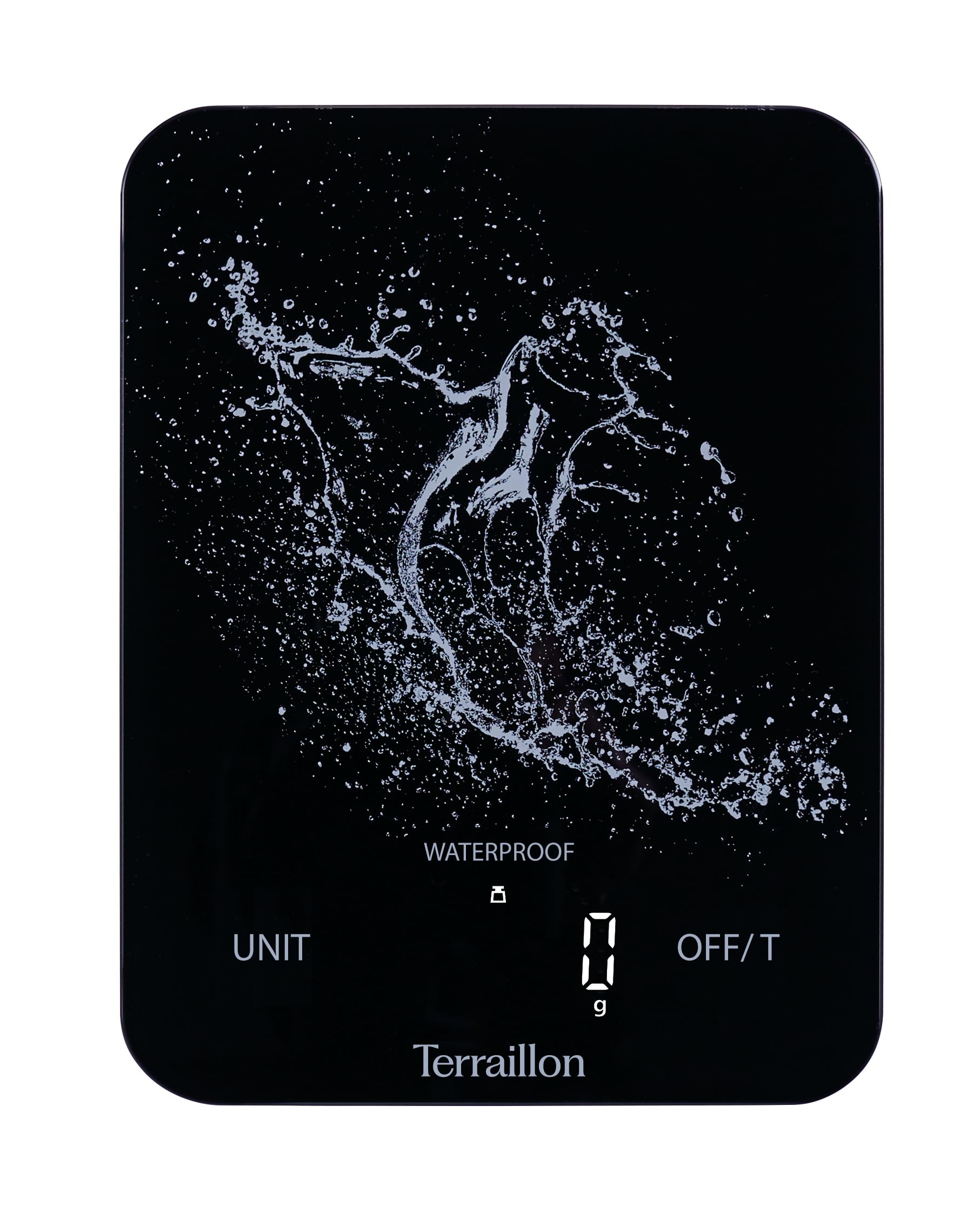 TERRAILLON - AQUA RESIST - Bilancia da cucina elettronica, impermeabile IP67, schermo magico LED retroilluminato, capacità 8 kg, gradazione 1 g, senza batterie, ricarica USB-C, nero