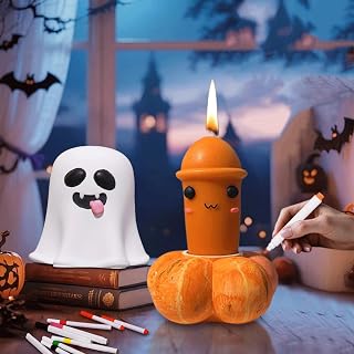 Halloween Candle Holder Set - Cute Ghost & Pumpkin Candle Holder with Pumpkin Scented Orange Pillar Candles, DIY Hand-Painted Plaster Ornaments, Halloween Indoor Decor for Party Home Table Kitchen