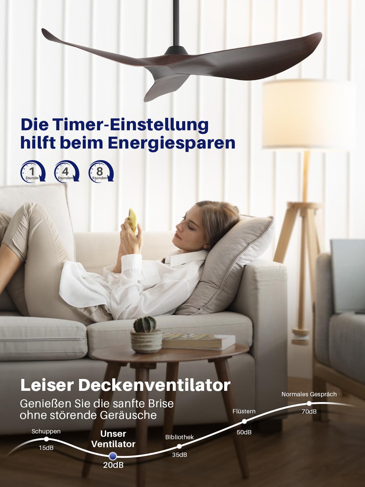 Sofucor Deckenventilator mit Fernbedienung,132cm Leise Deckenventilator ohne Licht, DC Motor, Timer, 3 Flügeln, 6 Geschwindigkeiten, Sommer Winterbetrieb für Schlafzimmer Wohnzimmer
