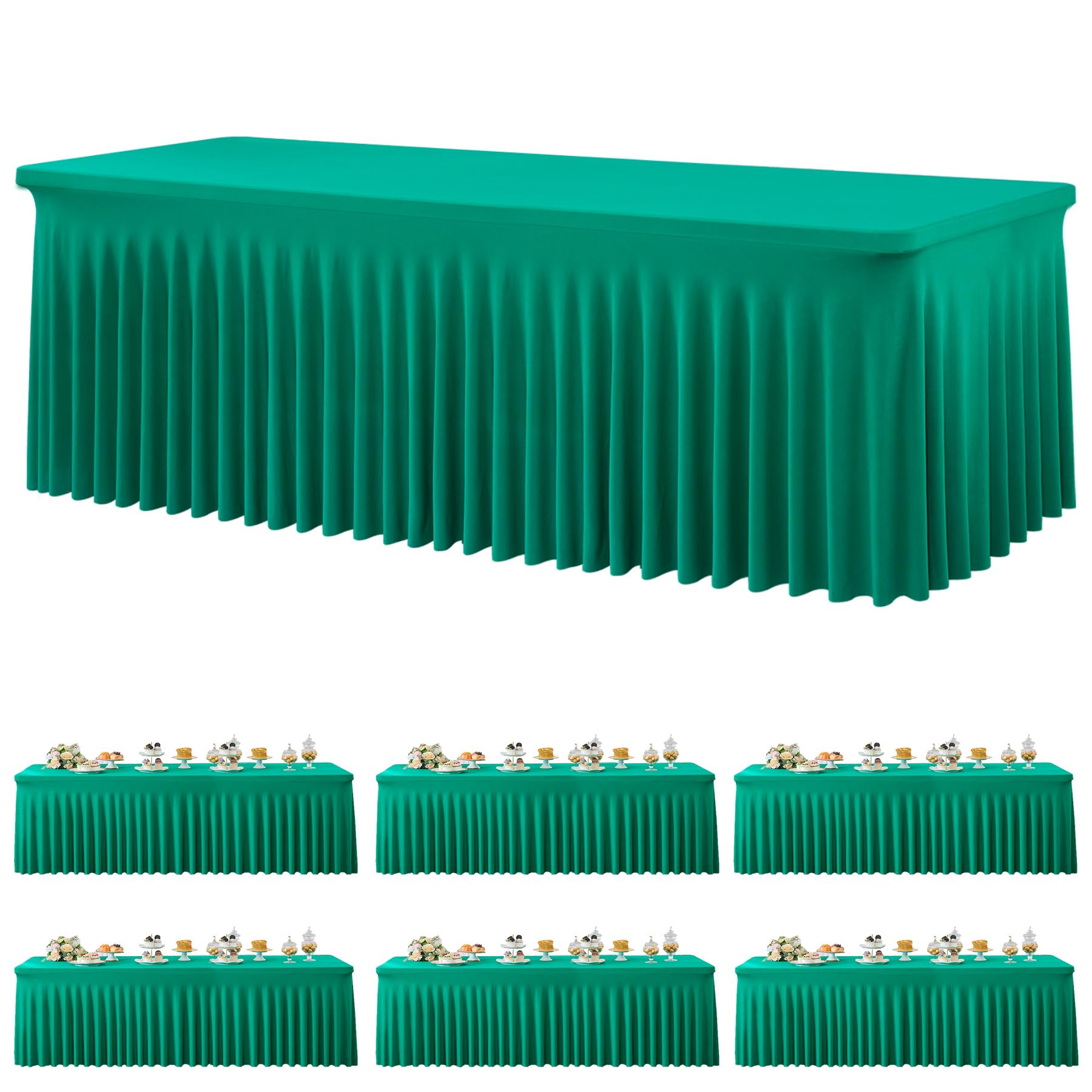 6 Pack Emerald Green Spandex Tablecloth for 6 Foot Rectangle Tables, Wrinkle Free Fitted Table Cloth Cover 6ft Green Stretchy Tablecloths with Skirt
