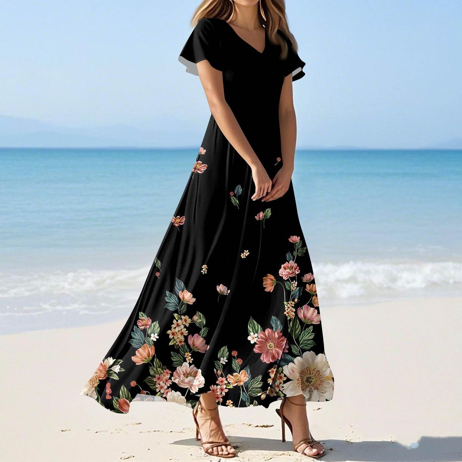 Amazon.com: Women's Summer Dresses Elegant V Neck Short Sleeve Long Dress  Solid Color/Floral Print Cocktail Dress(#33red,X-Large) : Clothing, Shoes &  Jewelry