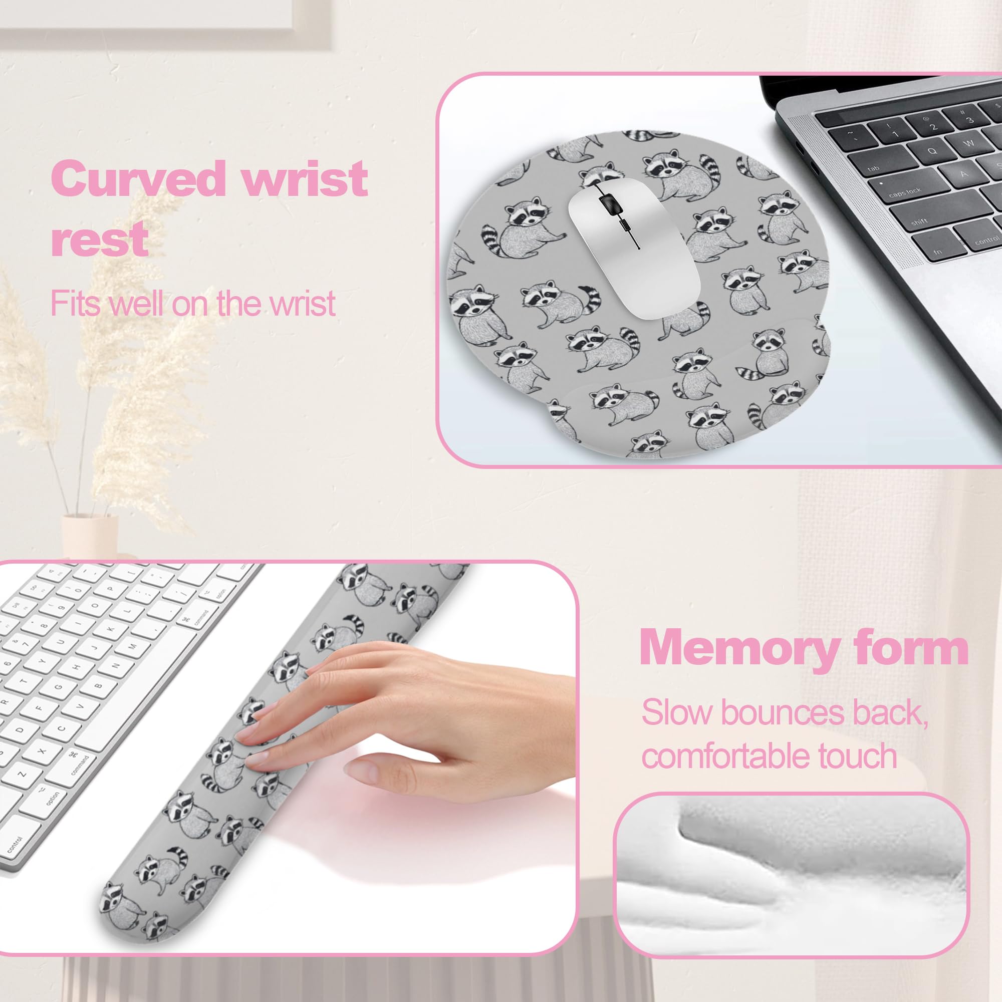 Niedlicher Waschbär Ergonomische Handgelenkstütze Tastatur Maus Handgelenkauflage Set Computer Büro Bequeme Handgelenkauflage für Maus Einfaches Tippen