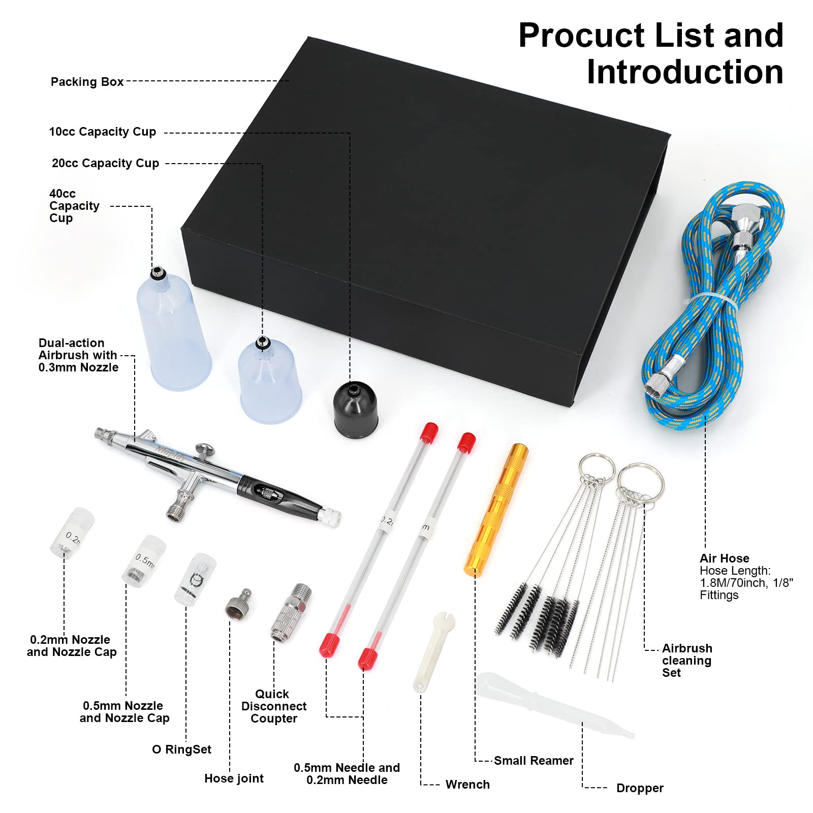 Kit Aerografo a Doppia Azione – Pistola Airbrush con Ugelli da 0,2mm/0,3mm/0,5mm, Tazze da 10cc/20cc/40cc, Tubo Aria e Set di Pulizia – Perfetto per Pittura, Nail Art e Tatuaggi