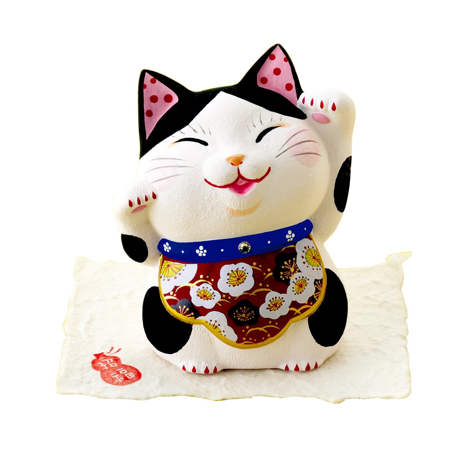 Japanese Maneki Neko Lucky Cat Plum Pattern Ceramic Figurine 3.9in Good Luck