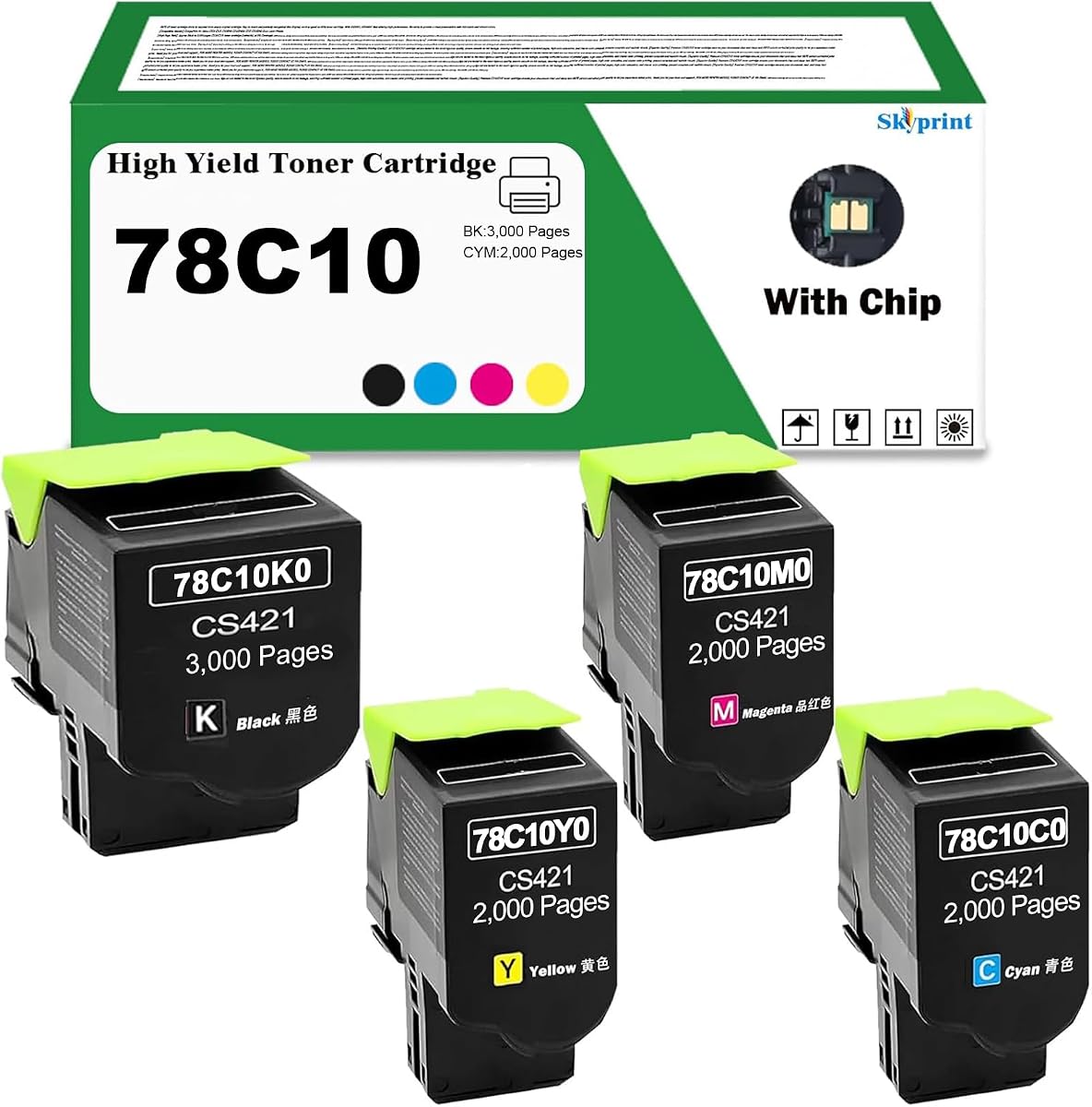 CS421 78C10 High Yield 78C10K0 78C10C0 78C10M0 78C10Y0 Toner Cartridge | Compatible for Lexmark CS421 CX522 CX421 CS521 CX521 CS522 CX622 CX625 Printer CS421 Ink Black:3,000,CYM:2,000