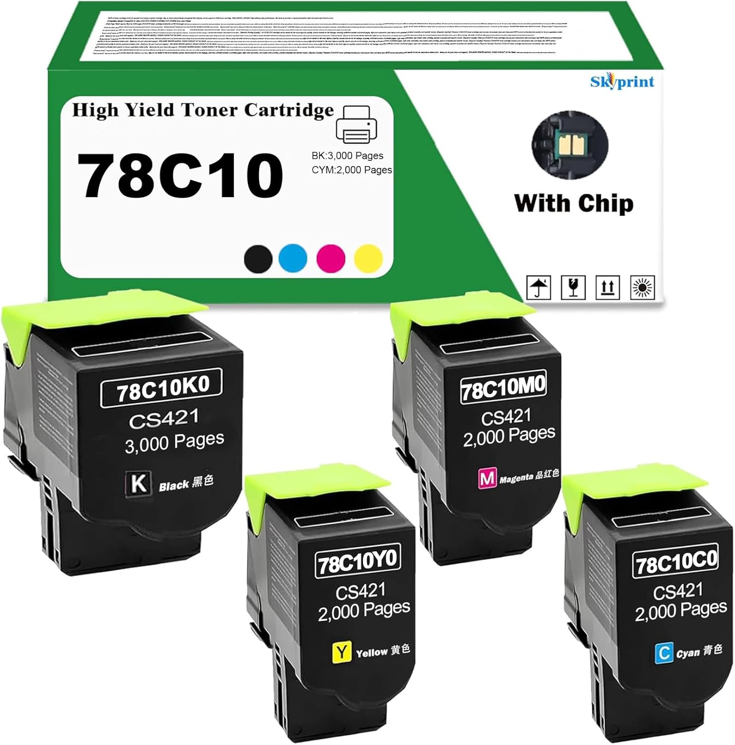 CS421 78C10 High Yield 78C10K0 78C10C0 78C10M0 78C10Y0 Toner Cartridge Compatible for Lexmark CS421 CX522 CX421 CS521 CX521 CS522 CX622 CX625 Printer CS421 Ink Black:3,000,CYM:2,000