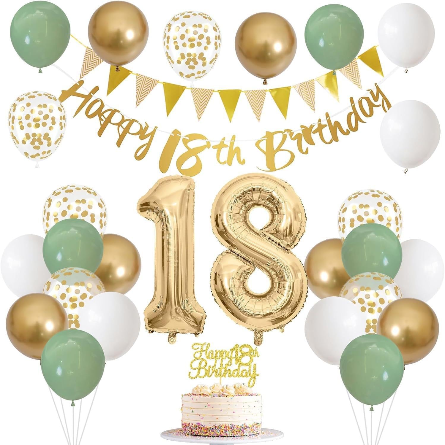 18th Birthday Decorations for Adult – Sage Green Gold White Party Decoration Set with Number 18 Foil Balloons, Happy Birthday Banner, Confetti Balloons, Cake Topper for 18 Year Old Celebration