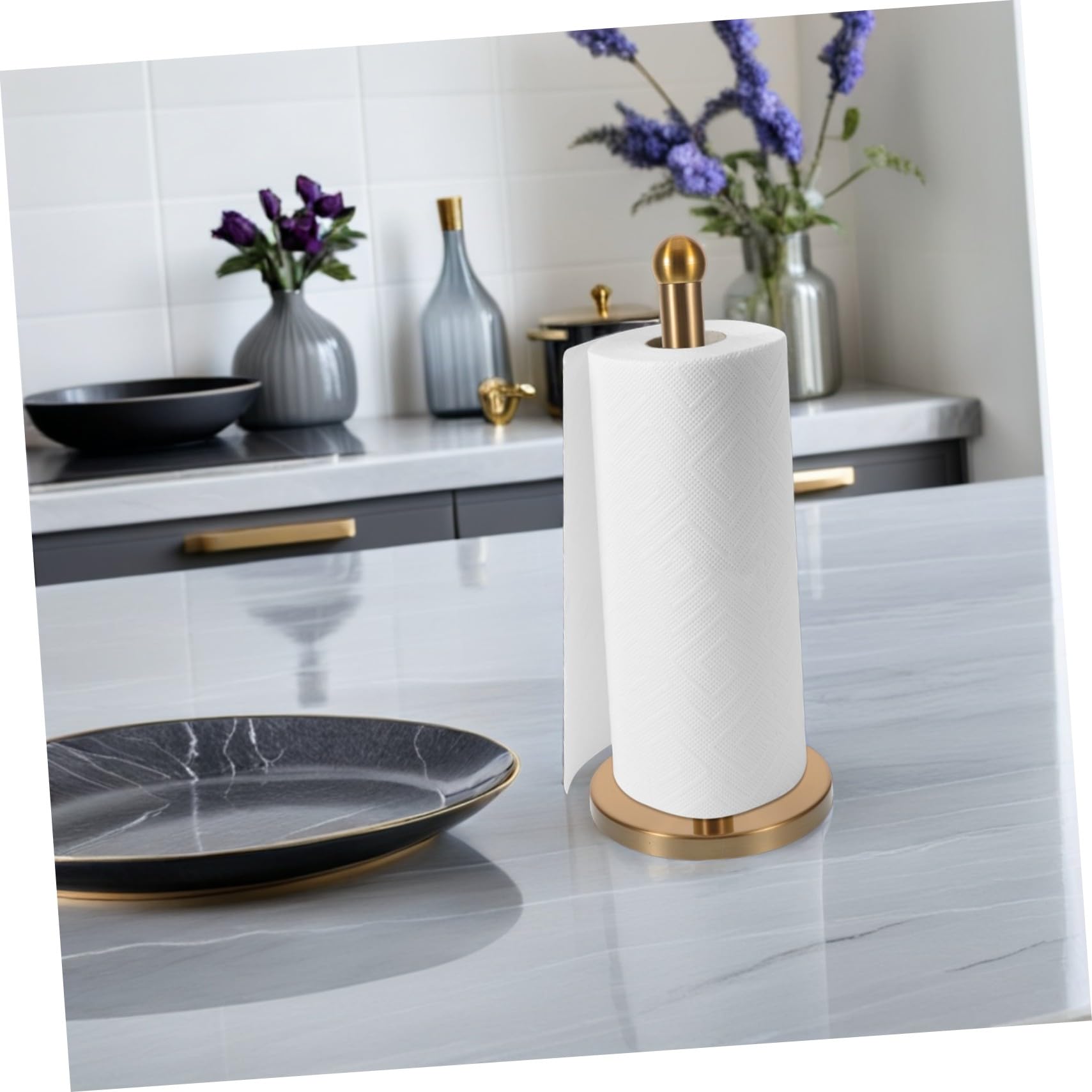 Porta Rotolo Carta da Cucina in Acciaio Inossidabile Dorato Supporto da Tavolo Stabile senza Foratura Compatibile con Standard e Jumbo Compatto per Bagno e Cucina