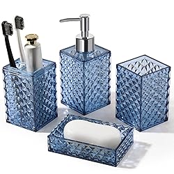 RYTOXILO Bathroom Accessories Set, 4 Pack Blue Acrylic Bath Accessory Sets Complete, Diamond Soap Dispenser and Toothbrush Holder Bathroom Counter Sink Set, Boho Modern Bathroom Decor
