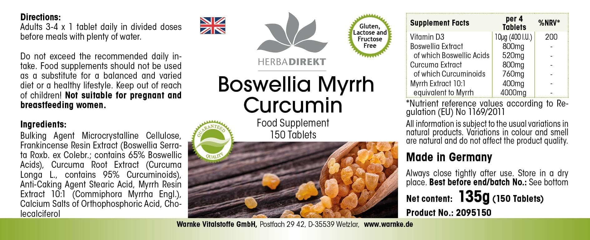 Boswellia Tabletten - mit Myrrhe und Curcumin - 150 Tabletten - mit Vitamin D3 | HERBADIREKT by Warnke Vitalstoffe - Deutsche Apothekenqualität (Packung mit 2)
