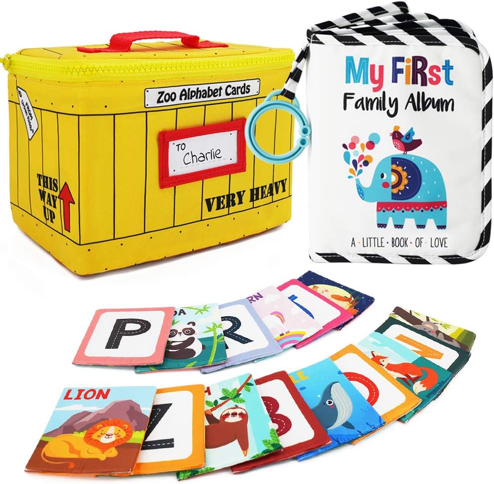 Early Learning Bundle | Baby's My First Family Album, Soft Alphabet Flash Cards, Photo Cloth Book and Animal Cloth Cards Gift Set for Infants Toddler & Kids