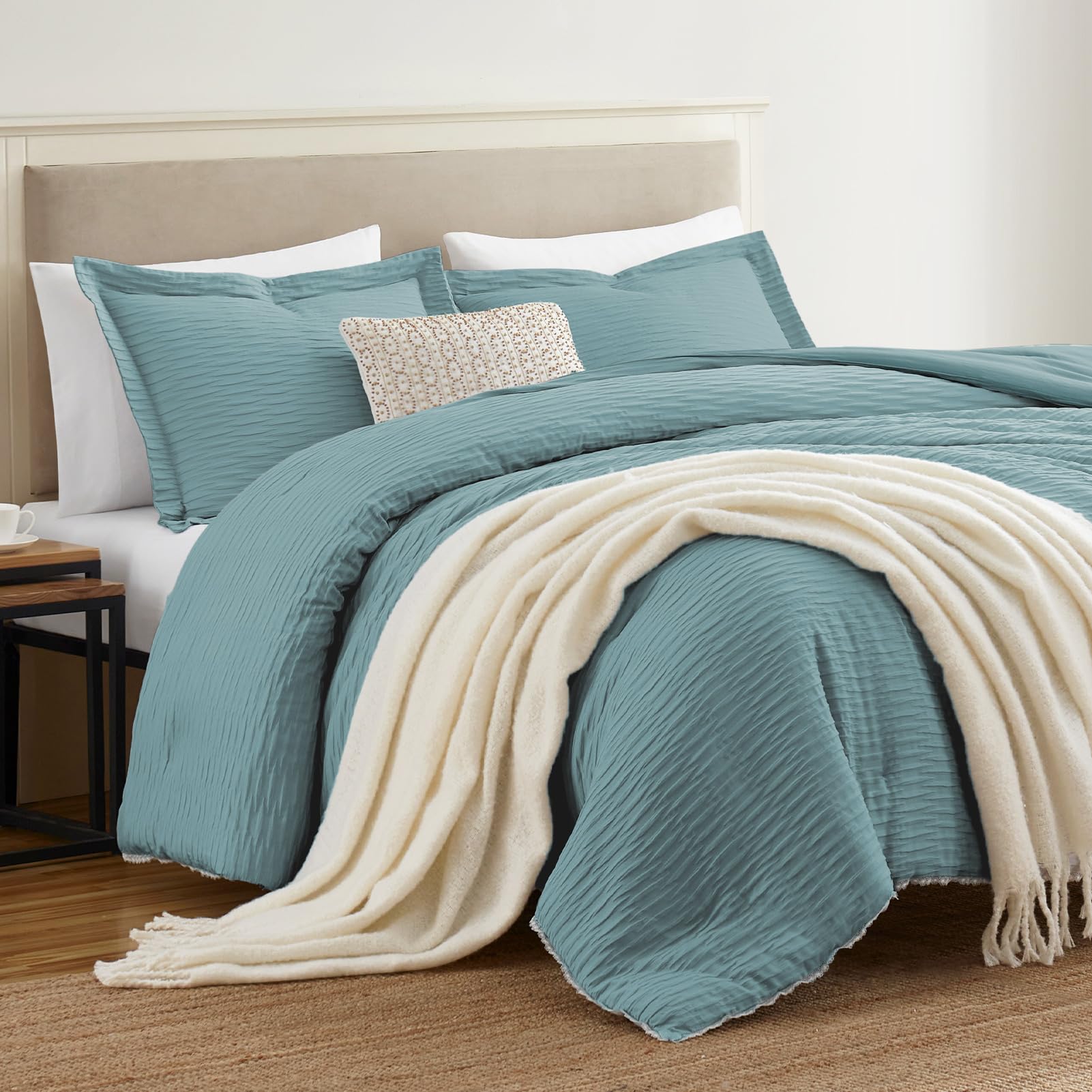 Homelike Moment Boho Queen Comforter Set Teal Blue, 3 Pcs Lightweight Warm Jacquard Comforters Queen Size Set for All Seasons, Down Alternative Soft Full Size Comforter Queen Bed Set with 2 Shams