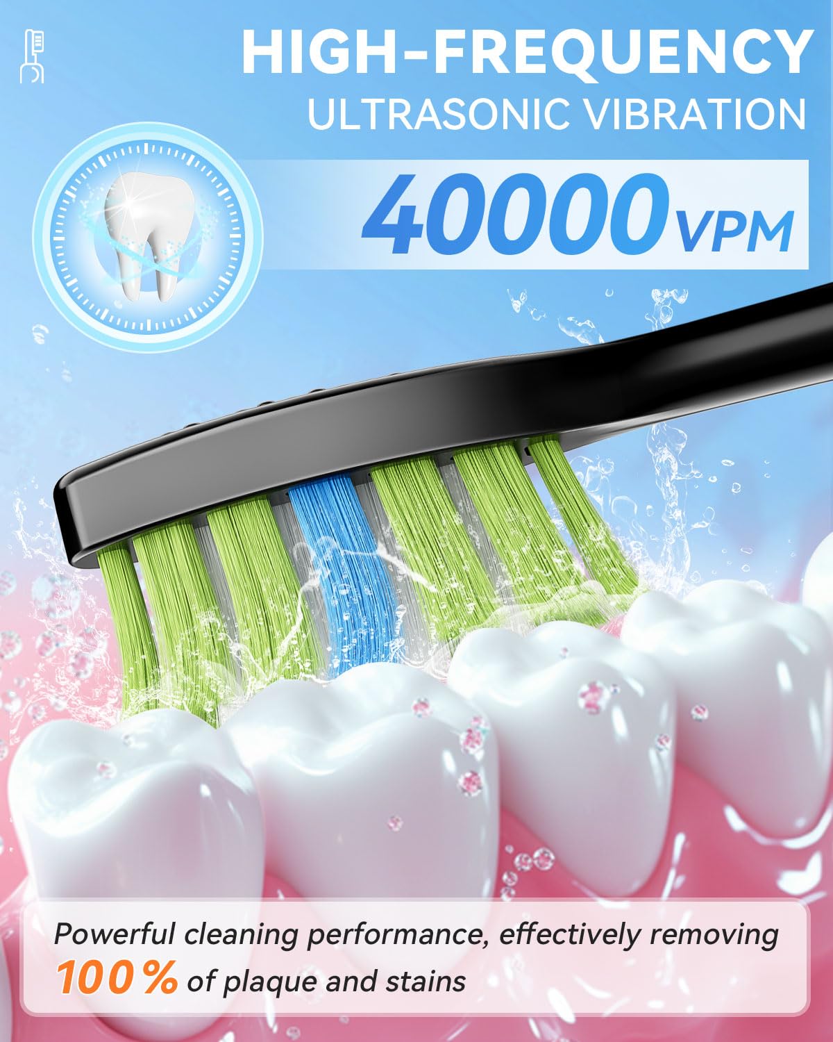 Spazzolino elettrico sonico con potenza di pulizia 40000 VPM, per adulti e bambini, durata della batteria 60 giorni, spazzolino da denti ricaricabile con 5 modalità, timer intelligente da 2 minuti, 7