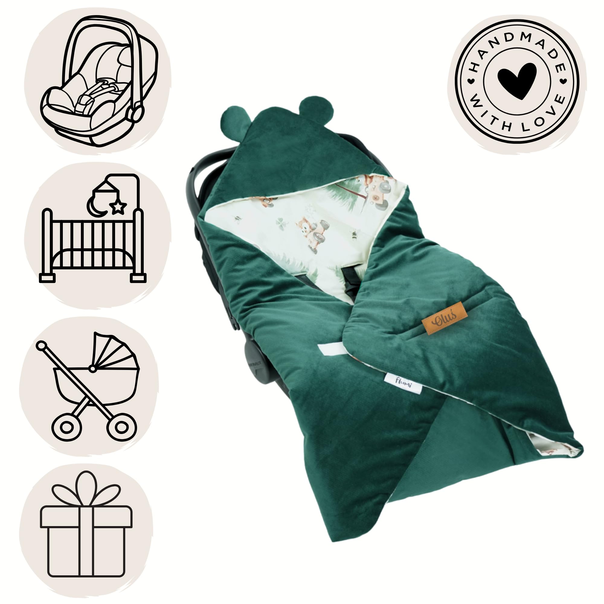 Flumi Couverture Enveloppante Bébé pour Siège Auto, Poussette et Nacelle – Capuche, Ouvertures Harnais, Lavable, Personnalisation Prénom (Animaux Verts)