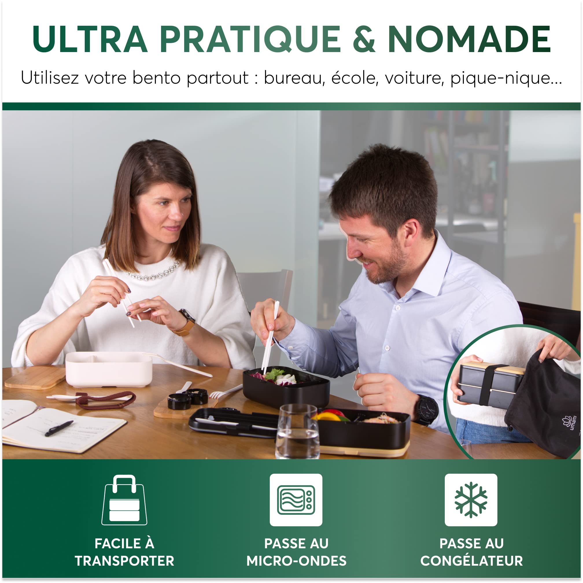 Umami Bento Lunch Box, 2 Pots à Sauce & Couverts en Bois Inclus, Lunchbox Micro-Ondable, Boîte à lunch Adulte, Boîte Repas Compartimentée, Boîte Bento Lunch Box, Bento Box