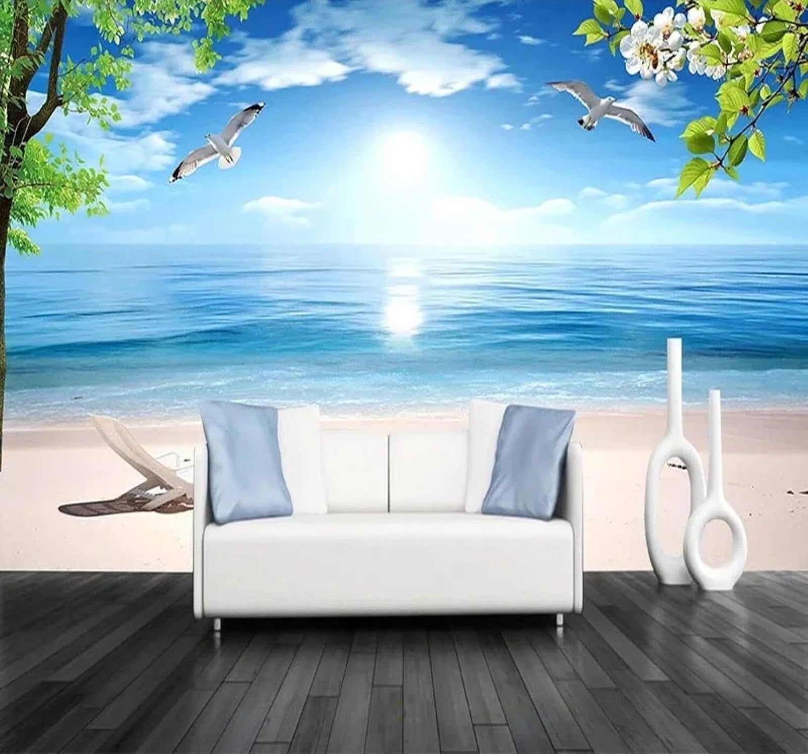 Xlming 430Cm×300Cm(B×H) Beautiful Fresh Sea Beach Seascape 3D Wallpaper Luxury Silk Study Dining Feature Sofa Grey Bedroom Living Room Tv Decorative Wall-430Cm×300Cm