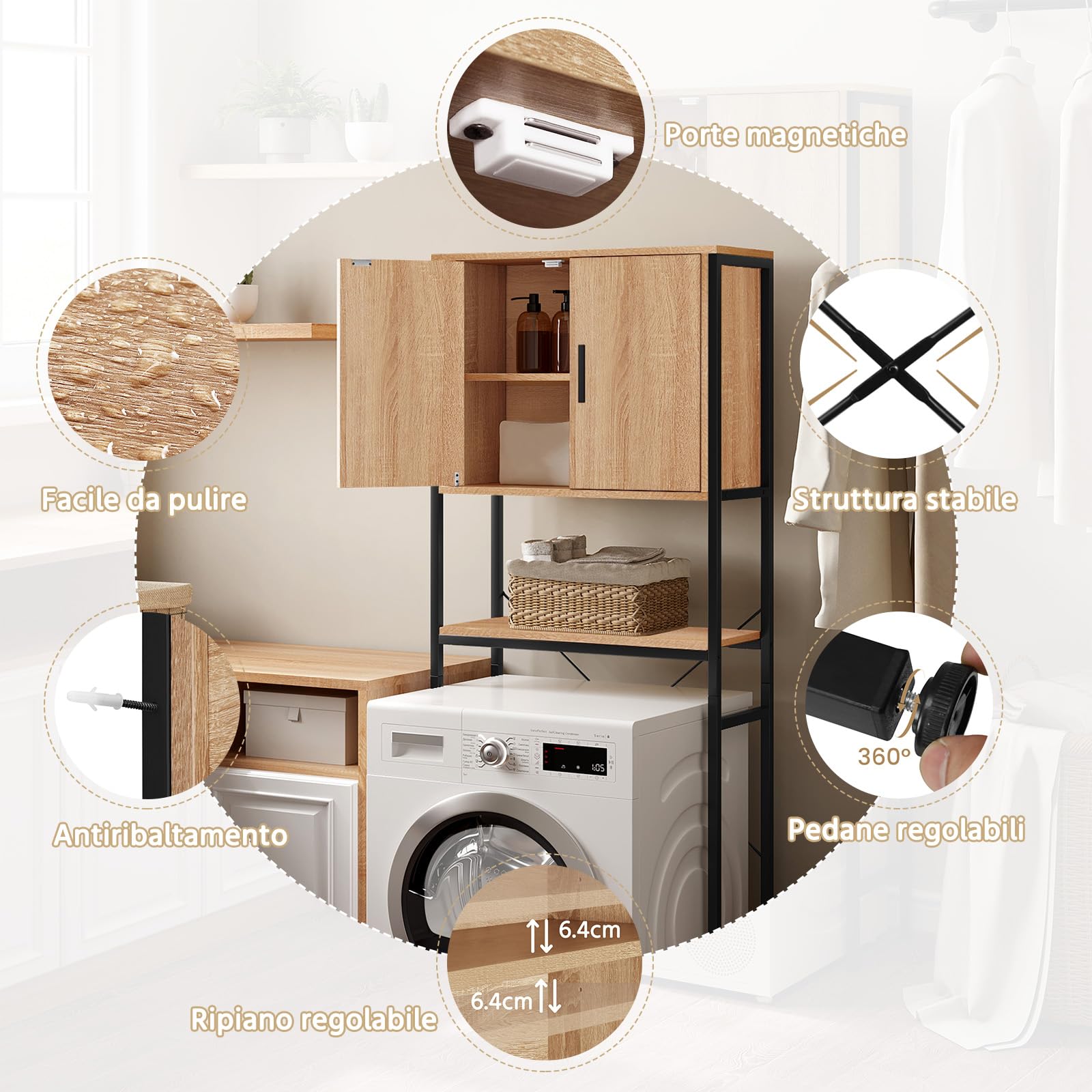 EUGAD Scaffale Sopra Lavatrice, Mobile Sopra WC, Scaffale da Bagno, Armadietto con Ripiano Regolabile e Ante, per Lavanderia, in Legno e Metallo, Nero+Rovere, 64,5x27x170cm