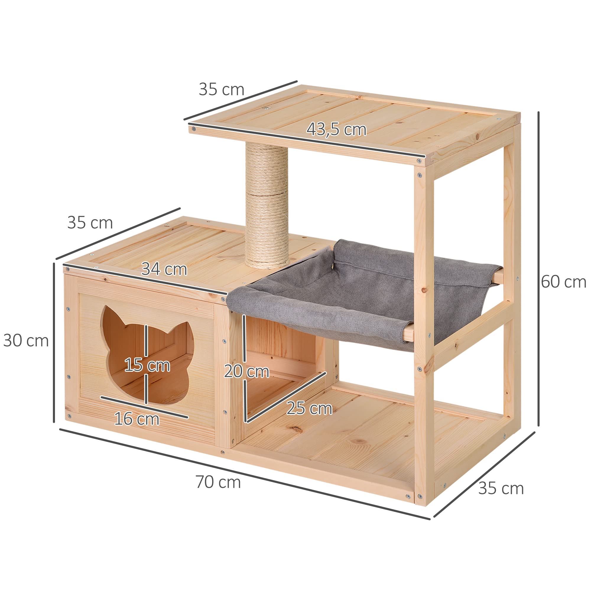 PawHut Katzenhöhle, Katzenbett mit Hängematte, Sisalstamm, Plattform Katzenhaus aus Holz Kratzbaum für Katzen für Indoor 70 x 35 x 60 cm Natur