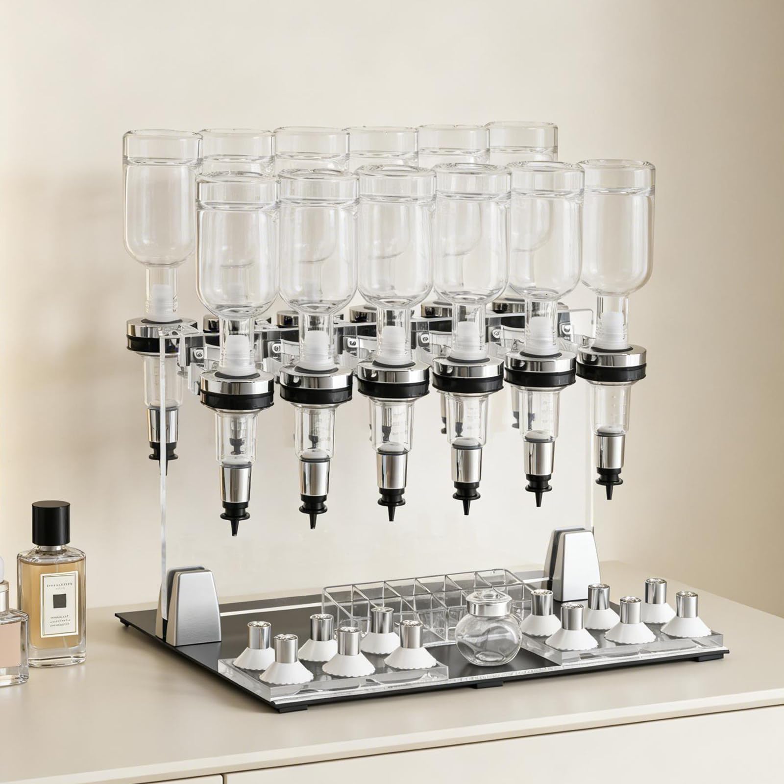 Stazione di riempimento per profumi, con pompa regolabile e coppette per test profumi, include 12 bottiglie per saloni di studio o bar