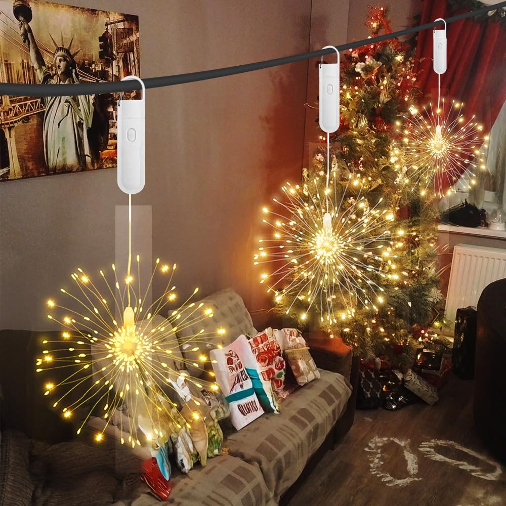 Feuerwerk Lichter, 240LEDS/480 LEDs USB-betriebene hängende Feuerwerklichter mit 8 Modi, Fernbedienung, Draht hängende Feuerwerk Lichter für Garten Hof Baum Dekor Weihnachtsdekoration (4)