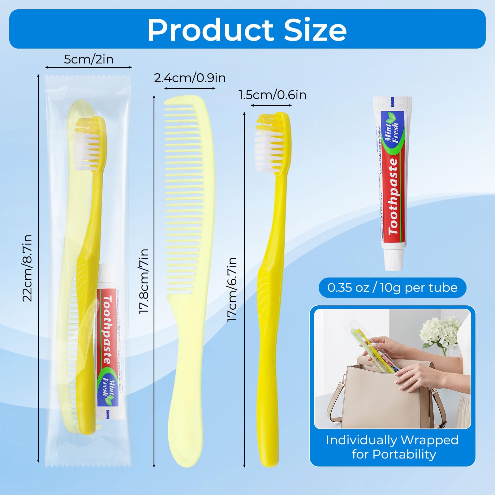 Cepillos de dientes desechables con pasta de dientes y peine, paquete de 100 unidades envueltos individualmente, color amarillo, hueco, tamaño de viaje, kit de cepillo de dientes para personas