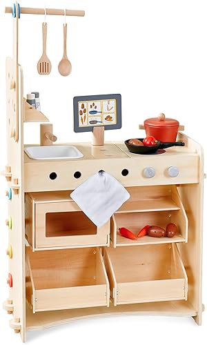 HABA Creative Play 3 en 1 juego de cocina de madera para niños, juego de tienda de comestibles para niños y banco de herramientas para niños,