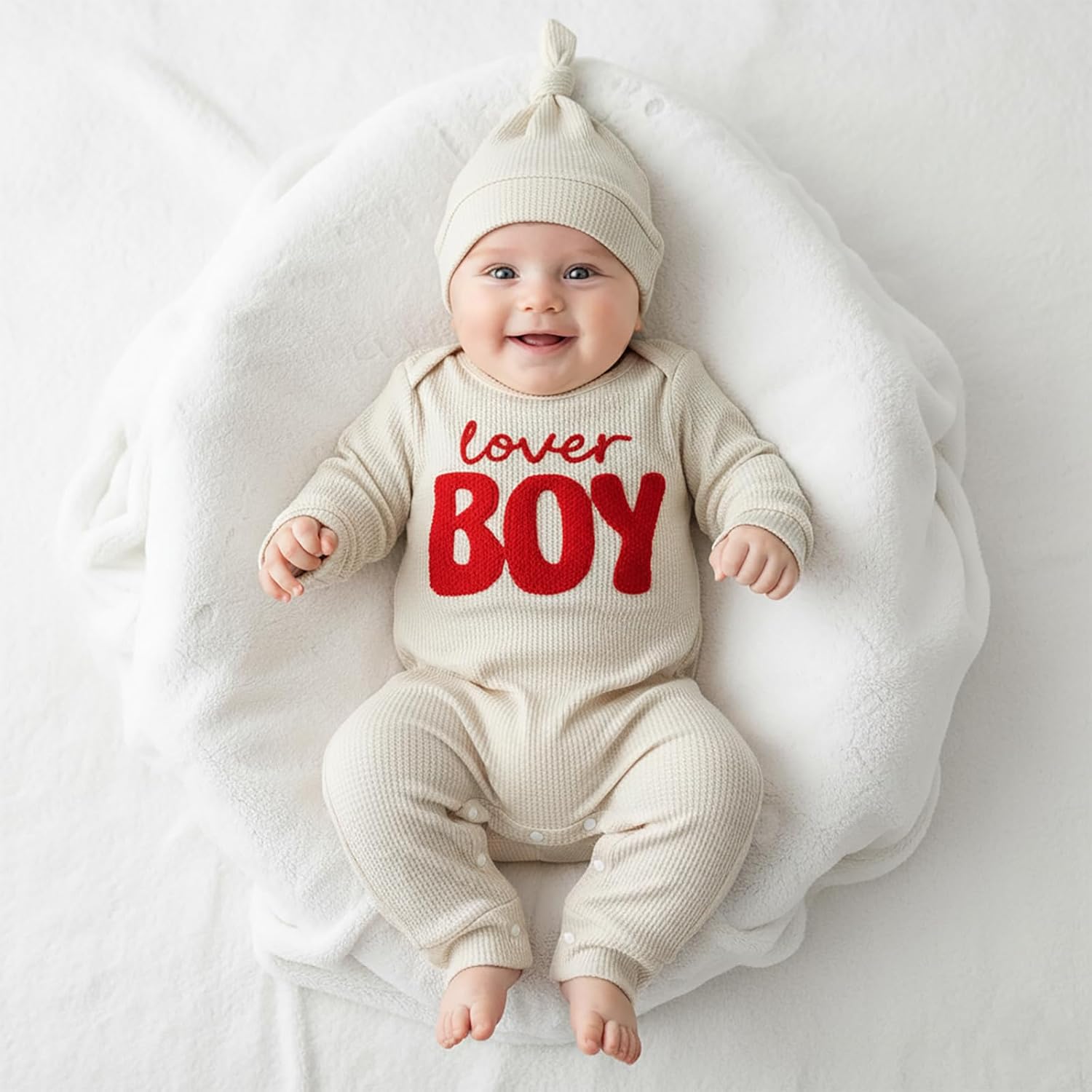 Newborn Boy Valentines Outfit Baby Lover One Piece Romper Waffle Long Sleeve Jumpsuit Coming Home Spring Clothes - Image 3