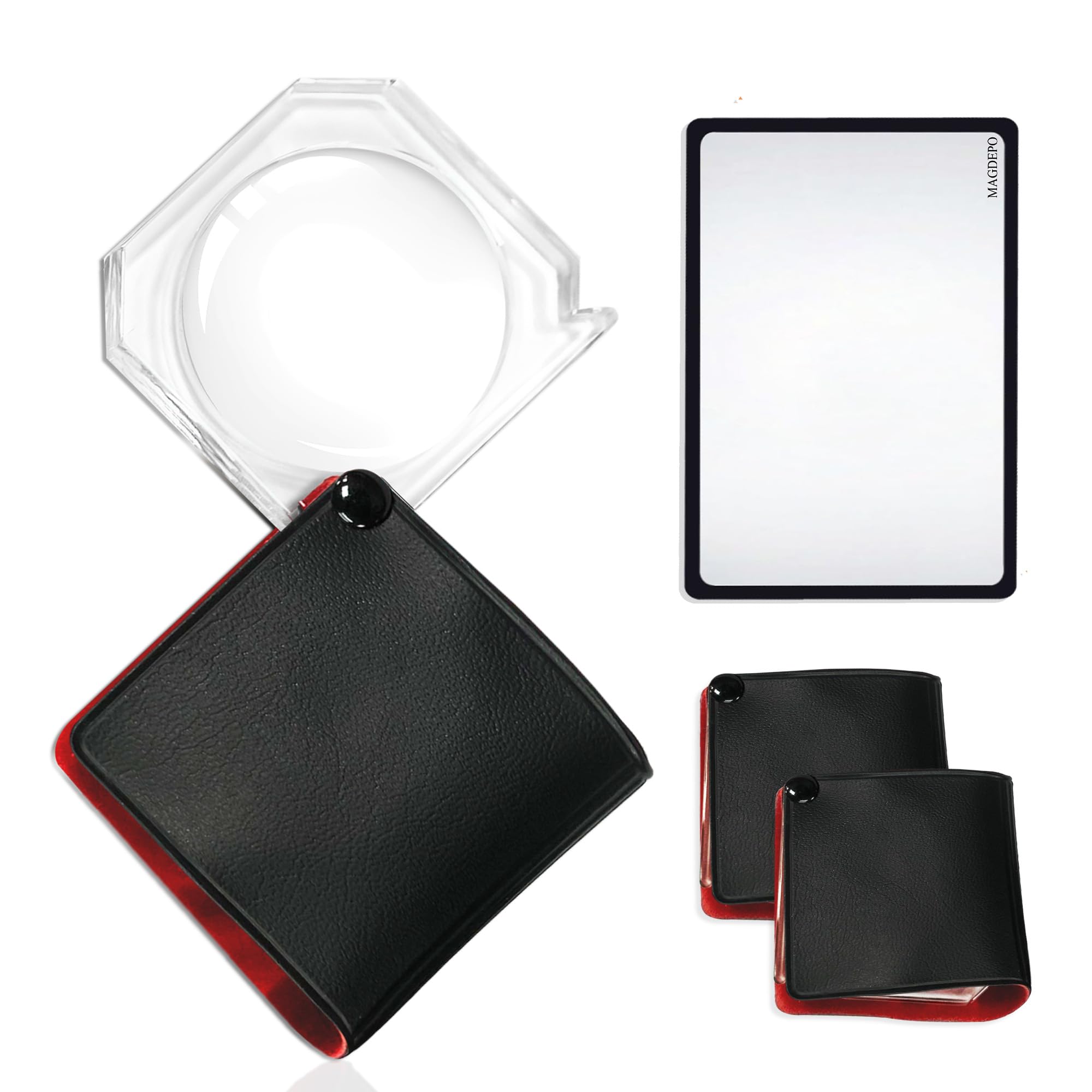 MAGDEPO 6X Small Pocket Size Folding Magnifier 1.75" Acrylic Magnifying Lens with Protective Air-Cushioned Faux Leather Rotatable & Compact for Reading, Labels, Menu, Instruction and Hobbies (2 Pack)