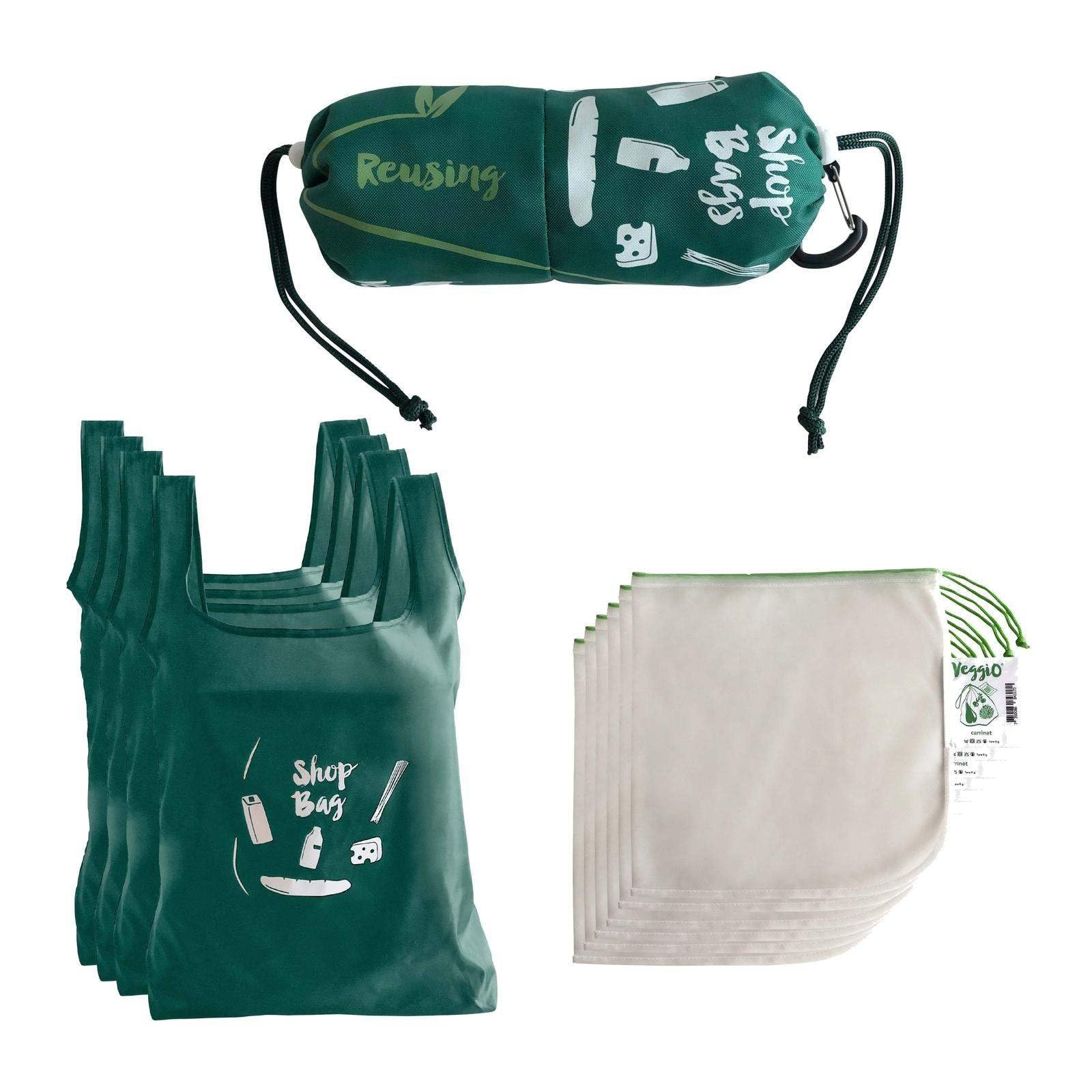 Carrinet Shop Set - Reusable Grocery Shopping Bags | 100% recycled rPet | Washable, Durable, Foldable and Lightweight, Green