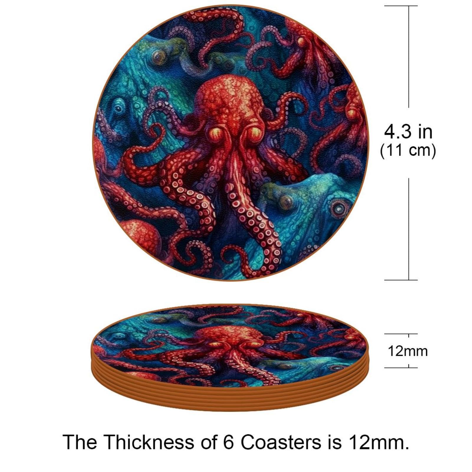 Cartoon-Ozean-Oktopus-Untersetzer für Getränke, 6 Stück, Tisch-Schutzmatte für Weingläser, Tassen und Tassen, wiederverwendbar im Büro, Küche, Bar, 10,9 cm