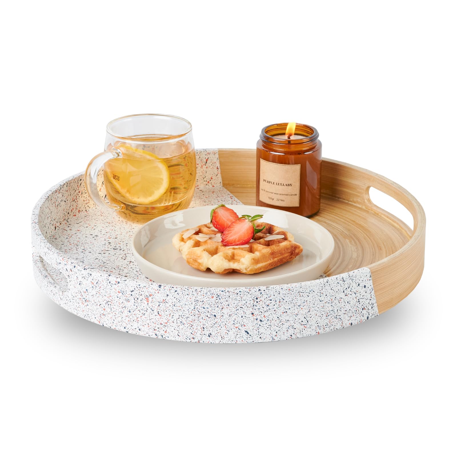 14.17" Dia Spun Bamboo Serving Tray, Round Tray with Handles, Round Ottoman Tray, Semi White for Coffee Table, Serving Food on Home Dining Table, Restaurant (Sprinkle)