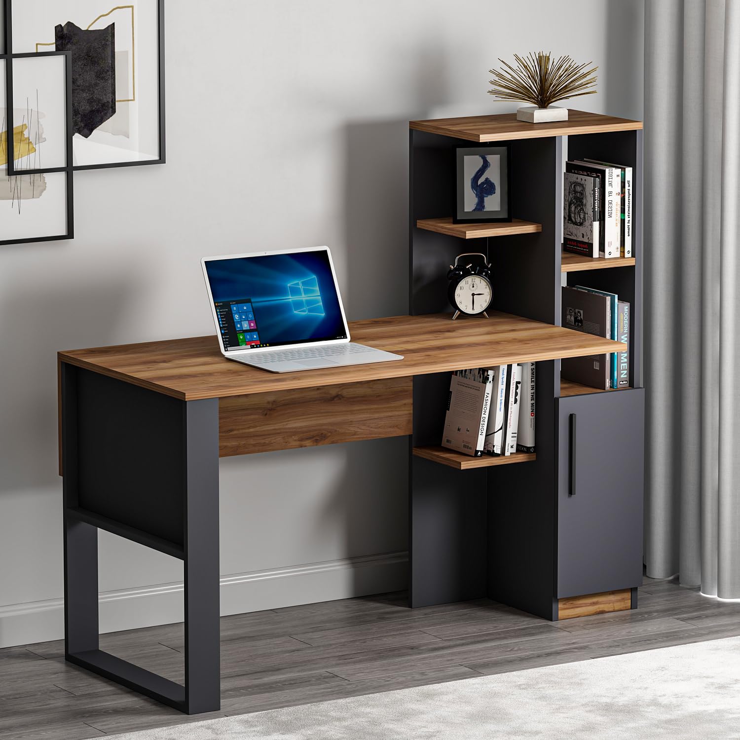 HOMIDEA TODY Desk – Computer & Writing Desk – Work Station - storage space with door and shelves in a modern design for home office or children's room (Antrachite/Briarsmoke)