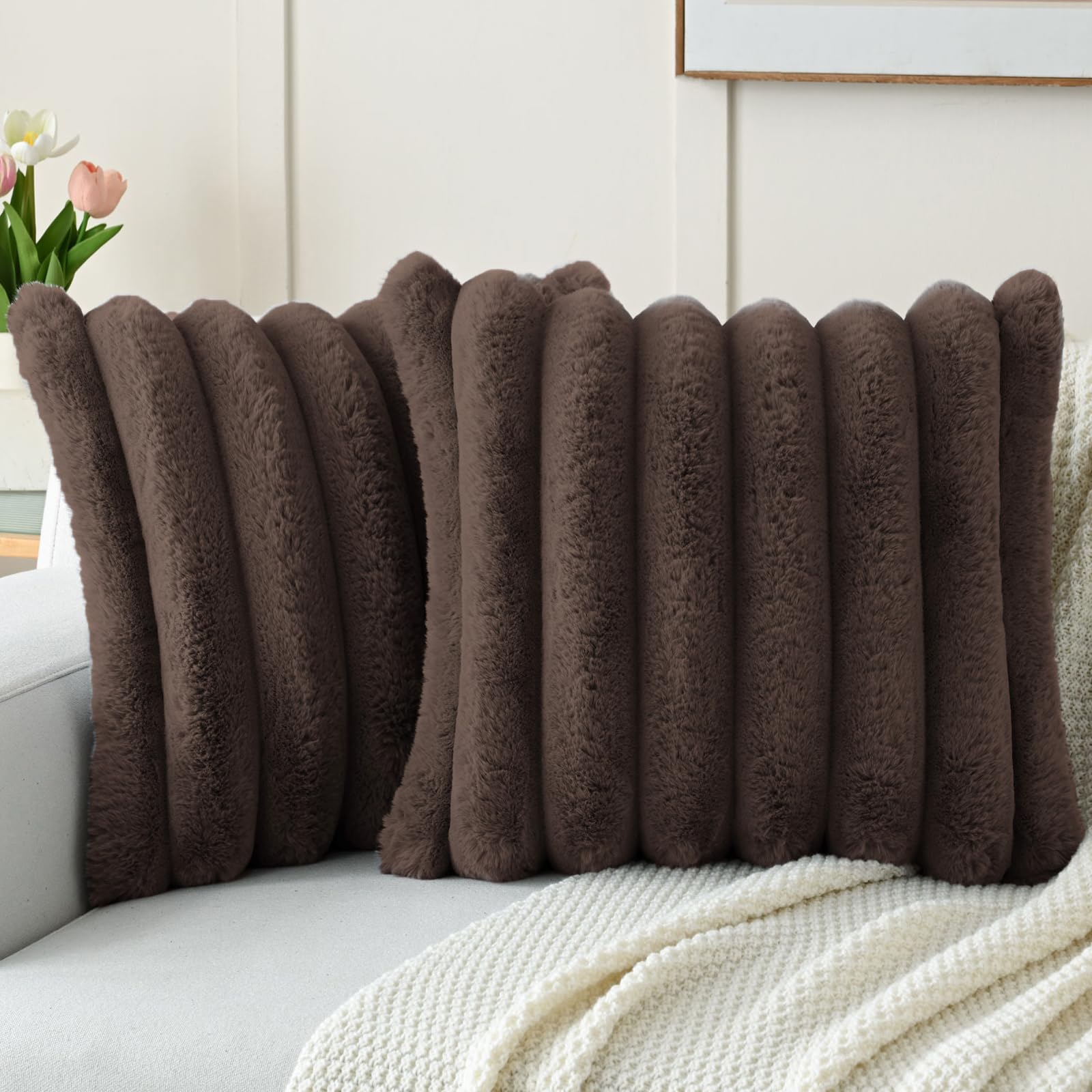 FUTEI Set of 2 Fluffy Faux Rabbit Fur Cushion Covers 55 x 55 cm,Dark Coffee — image 1