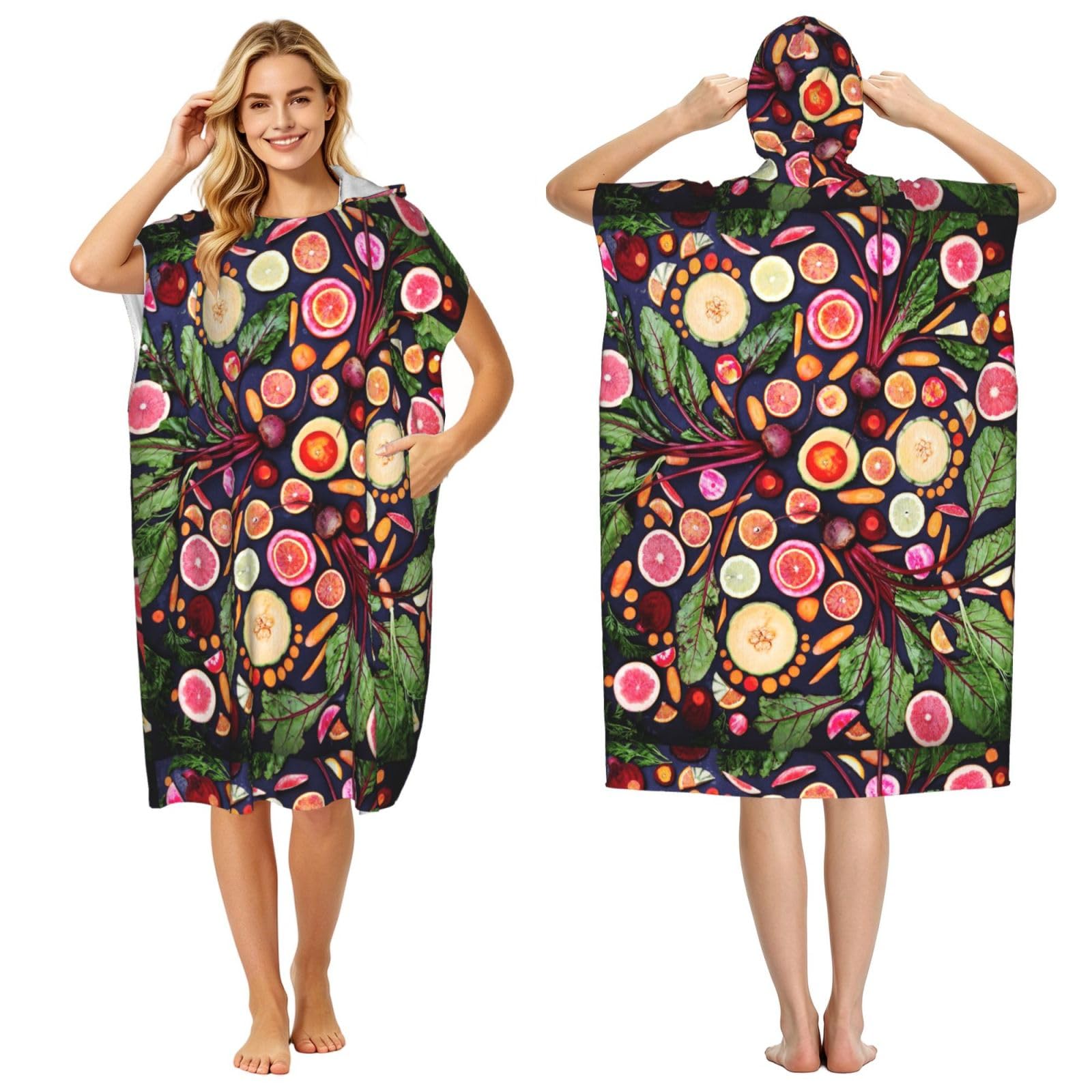 Poadnly Vegan Live Fruits Vegetables Print, Adult Hooded Beach Towel 90 x 110 cm,Changing Bath Robe, Surf Poncho Towel For Women Men