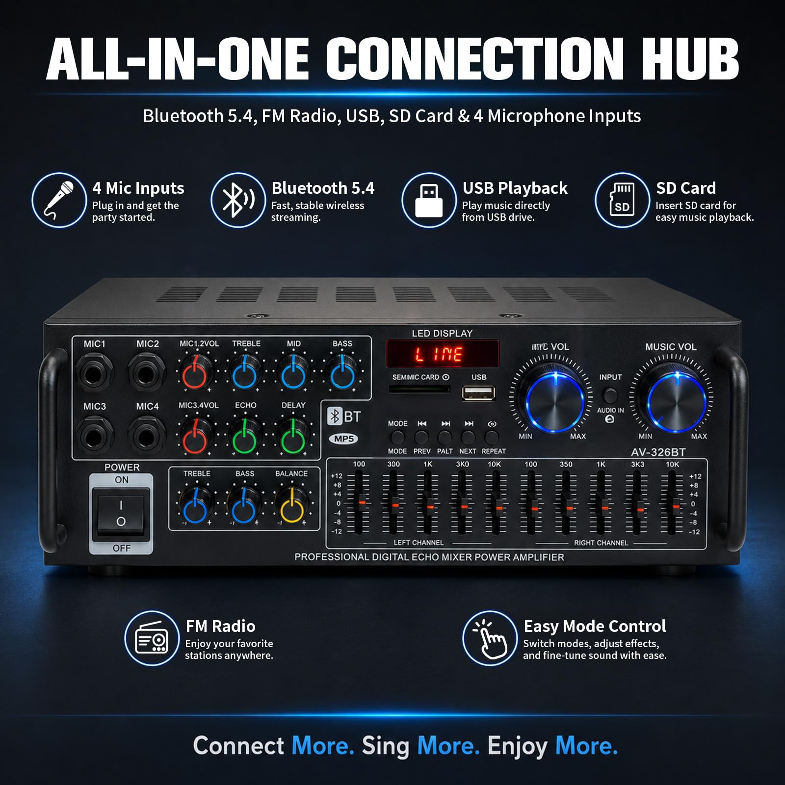 Amplificatore stereo HiFi da 2000 W, subwoofer Home Theater, amplificatore con Bluetooth 5.4, ricevitore audio FM, USB, SD, AUX, karaoke, mixer equalizzatore a 10 bande, 4 ingressi microfono, uscita