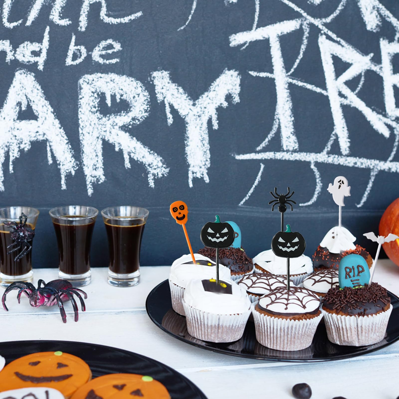 50 Stück Halloween Cupcake Topper - Wiederverwendbare Obstgabeln Mit Grusel-Motiven Für Kuchen & Cocktails