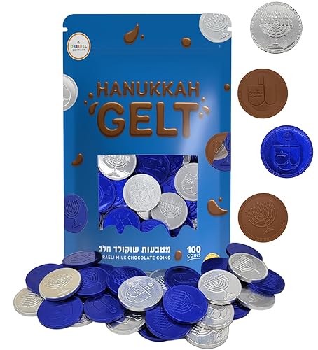 Miniatura 11 de The Dreidel Company Paquete de 50 monedas de chocolate con leche azul y plateado para Janucá, con diseño de dreidel y menorá, sin OGM, certificado