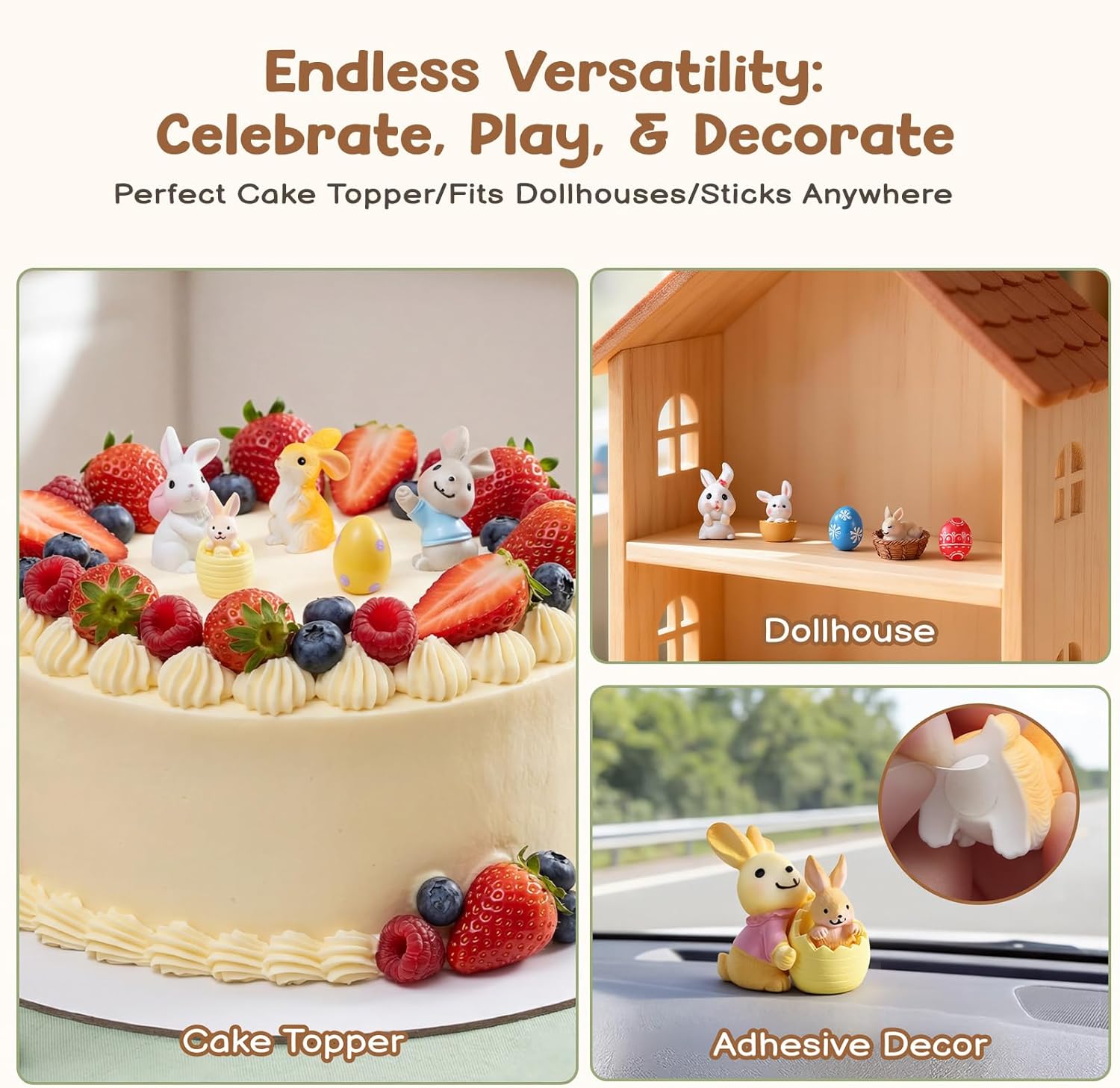Mini Resin Animals Figures & Bunny Figurines for Kids - 22 Resin Bunny Figurines (31Pcs Set), 12 Eggs, 50 Adhesive Dots - Fairy Garden Accessories, Dollhouse, Cake Topper