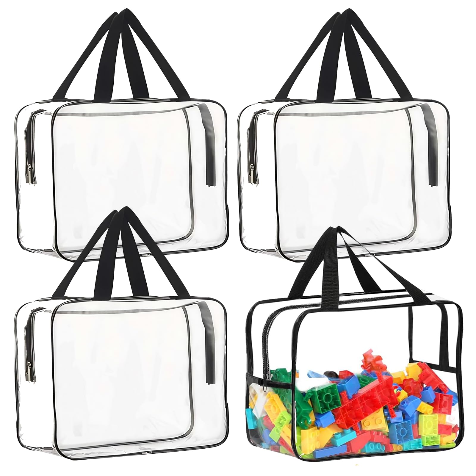 Toy Storage Bags, 4 Pcs Clear PVC Toy Storage Bags, Clear PVC Toys Organiser Bag with Handle Reusable Waterproof Travel Case Pouch for Building Blocks Puzzle Balls Pretend Play Toys(30x20x10cm)
