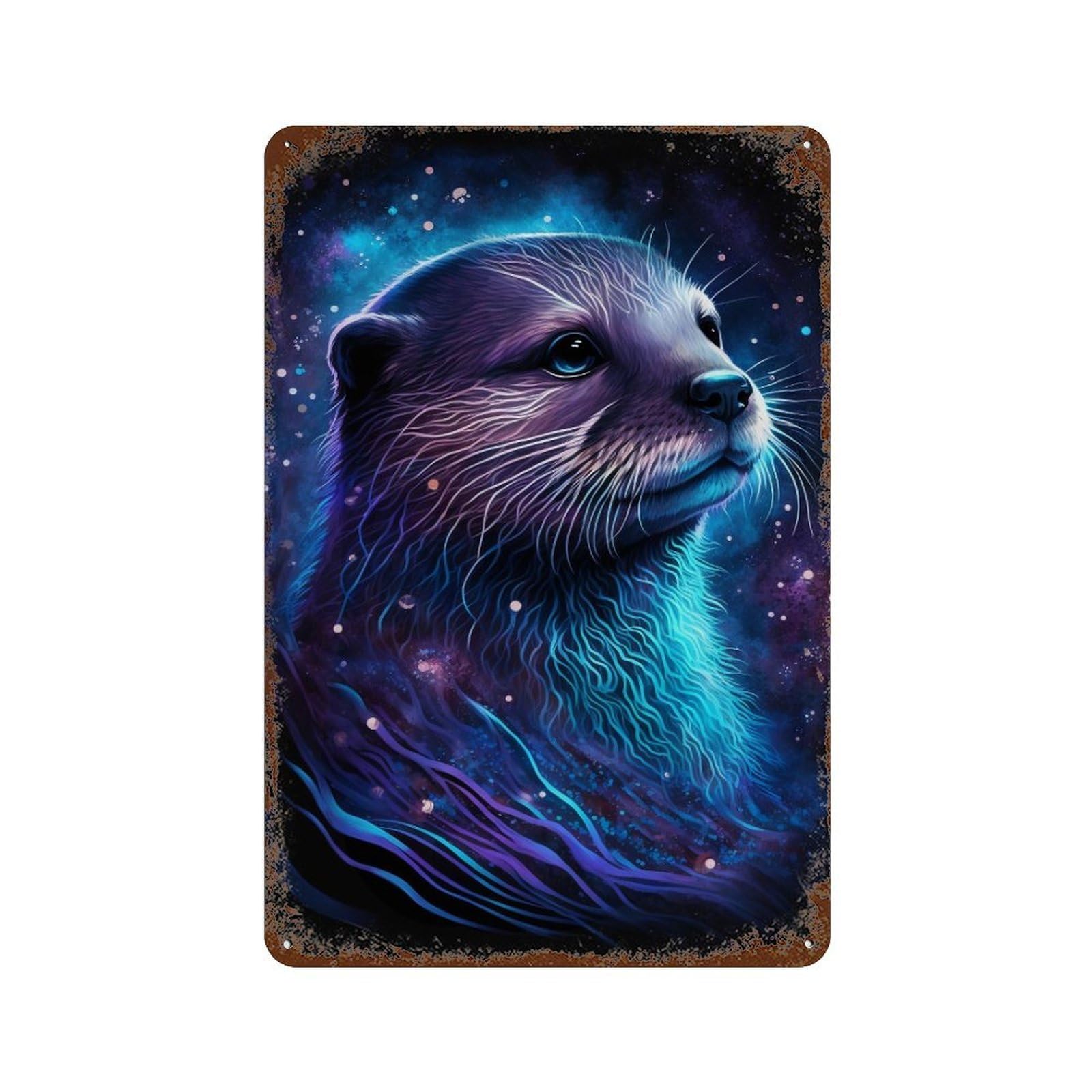 Glowing Otter Art Print 11.8"x7.9" Distressed Metal Wall Sign, Shabby Chic Decor for Shed, Workshop And Garage Wall Decor
