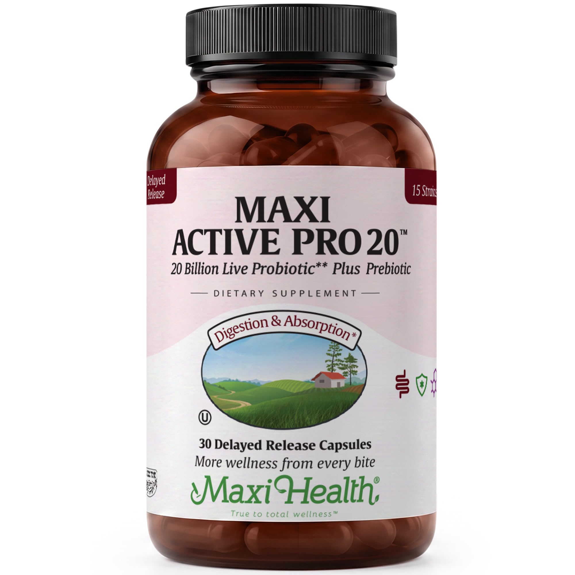 Maxi Health® Probiotics 20 Billion CFU with Prebiotics (30 Capsules) 30 Count (Pack of 1)