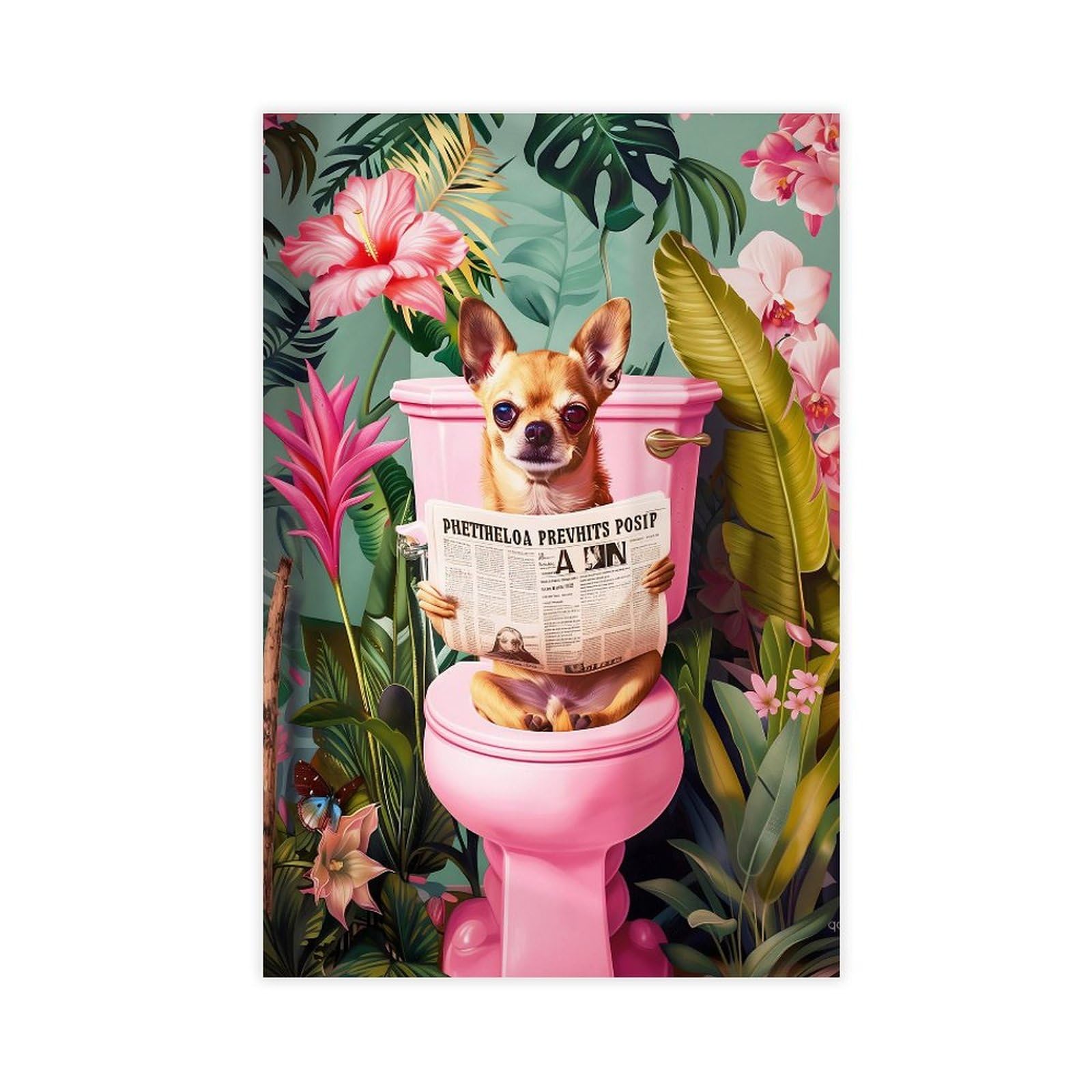 NCUDANK Funny Chihuahua Puppy Reading Newspaper on Toilet Canvas Poster Wall Art Decor Print Picture Paintings for Living Room Bedroom Decoration 12x18inch(30x45cm)