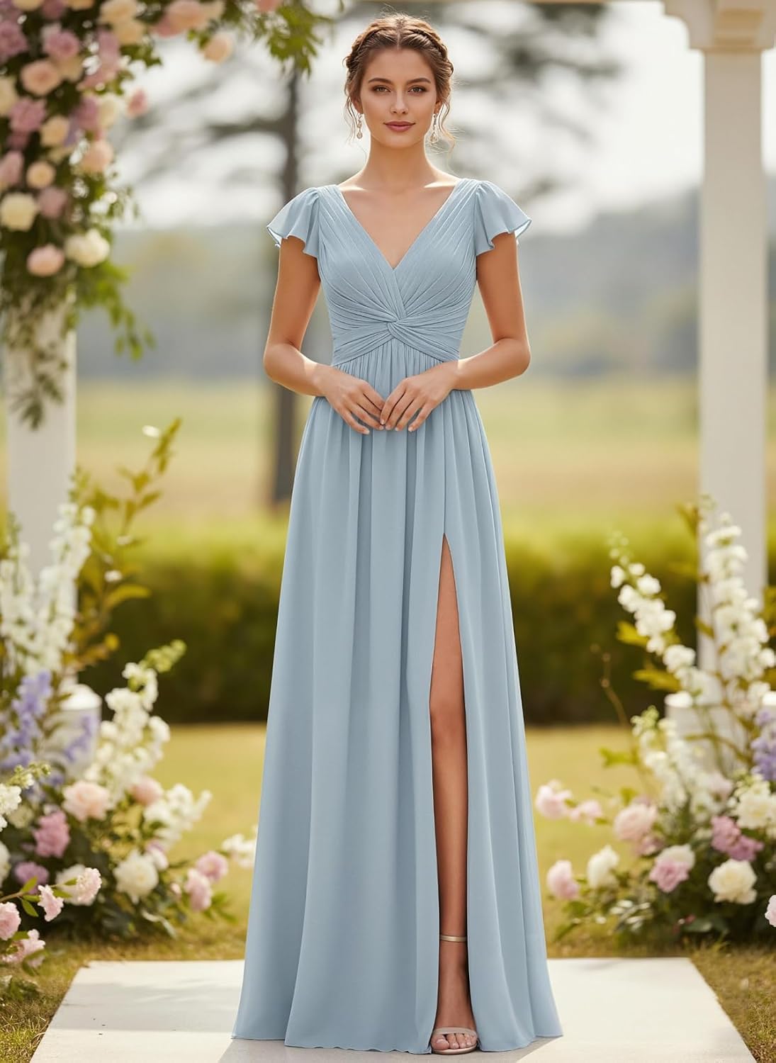 Short Sleeves Chiffon Bridesmaid Dresses for Women Wedding Long Ruched A Line Formal Dresses with Pockets Slit