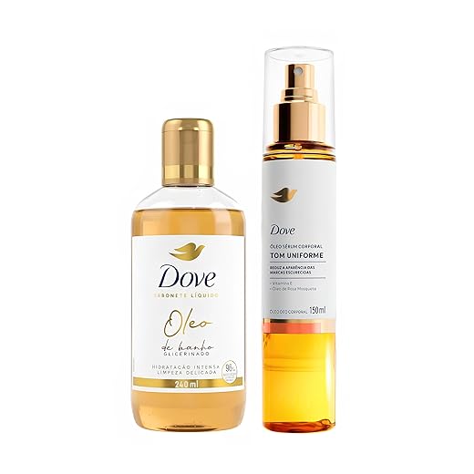 Dove Kit Sabonete Líquido Óleo de Banho 240ml + Sérum Óleo Corporal Tom Uniforme Spray 150ml - Hidratação Intensa e Limpeza Delicada